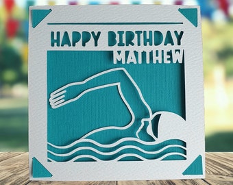 Zwemmen Happy Birthday gepersonaliseerde Papercut Card, Happy Birthday Card voor hem haar, zwemmen verjaardagskaart, verjaardagskaart voor zwemmer