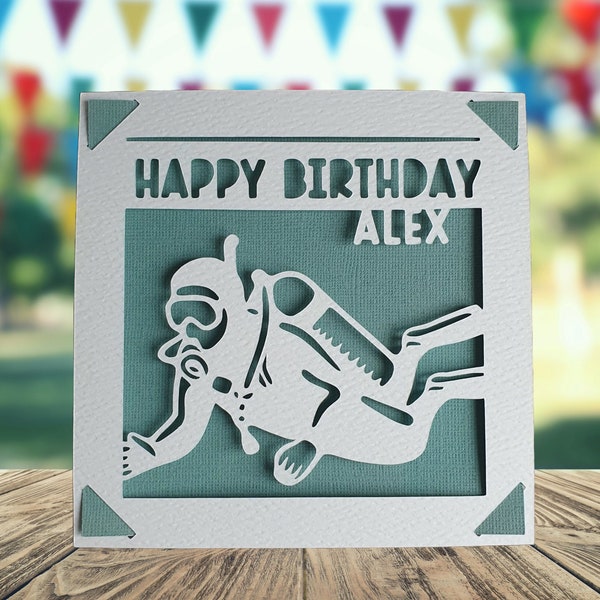 Diving Happy Birthday Personalised Papercut Card, Happy Birthday Card for Him Her, Diver Birthday Card, Birthday Card for Scuba Diver