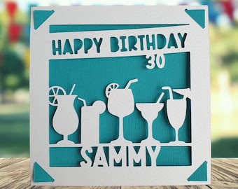 Cocktail Happy Birthday Personalised Papercut Card, Happy Birthday Card for Him Her, Alcohol Birthday Card, Birthday Card for Cocktail Lover