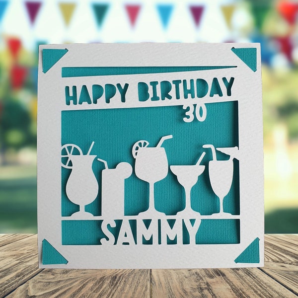 Cocktail Happy Birthday Personalised Papercut Card, Happy Birthday Card for Him Her, Alcohol Birthday Card, Birthday Card for Cocktail Lover