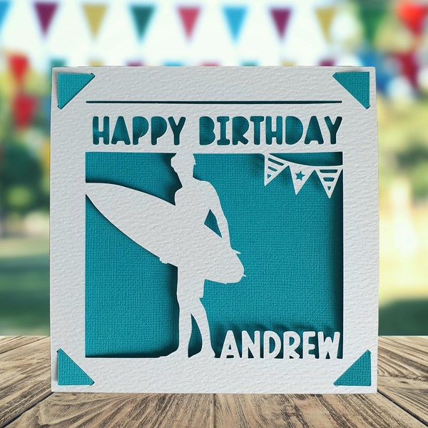 Surfing Happy Birthday Personalised Papercut Card, Happy Birthday Card for Him Her, Surfing Birthday Card, Birthday Card for Surfer