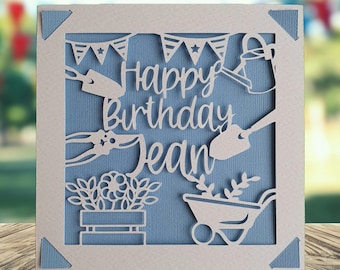 Gardening Happy Birthday Personalised Papercut Card, Happy Birthday Card for Him Her, Birthday Card for Gardener