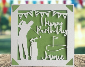 Golf Happy Birthday Personalised Papercut Card, Happy Birthday Card for Him Her, Golfing Birthday Card, Birthday Card for Golfer