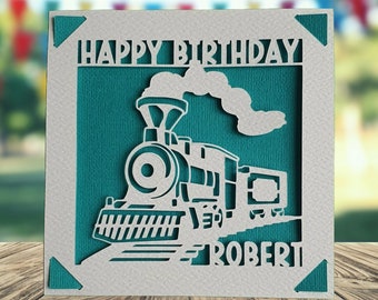 Steam Train Birthday Card, Happy Birthday Personalised Papercut Card, Happy Birthday Card for Him Her, Train Spotter Birthday Card