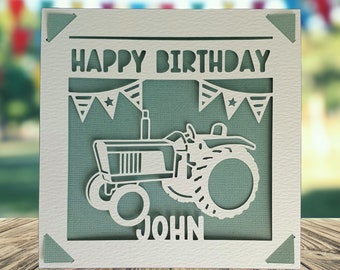 Farmer Happy Birthday Personalised Papercut Card, Happy Birthday Card for Farming, Countryside Happy Birthday Card, Tractor Birthday Card