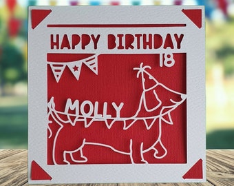 Sausage Dog Happy Birthday Personalised Papercut Card, Dachshund Birthday Card, Birthday Card for Dog Lover, Pet Birthday Card