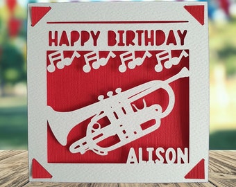 Brass Band Happy Birthday Personalised Papercut Card, Trumpet Cornet Birthday Card, Music Themed Birthday Card, Musician Birthday Card