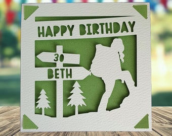 Hiking Female Happy Birthday Personalised Papercut Card, Hill Mountain Walking Birthday Card, Walker Birthday Card