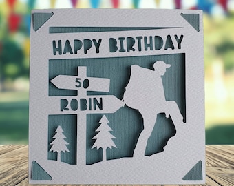 Hiking Happy Birthday Personalised Papercut Card, Happy Birthday Card for Him Her, Hill Mountain Walking Birthday Card, Walker Birthday Card