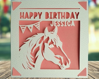 Pferd alles Gute zum Geburtstag personalisierte Papierschnitt Karte, Reiter Geburtstagskarte, Geburtstagskarte für Pferdeliebhaber