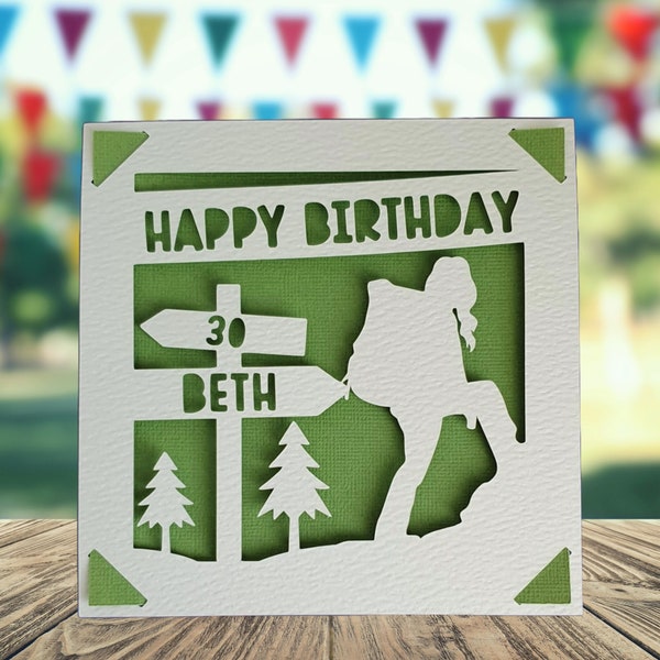 Hiking Female Happy Birthday Personalised Papercut Card, Hill Mountain Walking Birthday Card, Walker Birthday Card