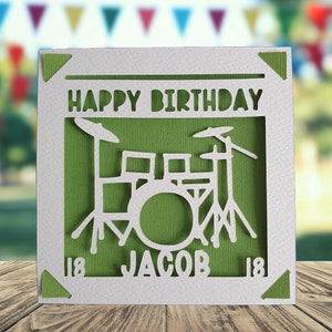 Drum Happy Birthday Personalised Papercut Card, Happy Birthday Card for Drummer, Musical Birthday Card, Birthday Card for Musician