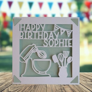Carte de joyeux anniversaire personnalisée en papier découpé, carte de joyeux anniversaire pour lui elle, carte d'anniversaire de boulanger, carte d'anniversaire pour boulanger et chef cuisinier