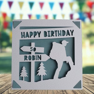 Hiking Happy Birthday Personalised Papercut Card, Happy Birthday Card for Him Her, Hill Mountain Walking Birthday Card, Walker Birthday Card