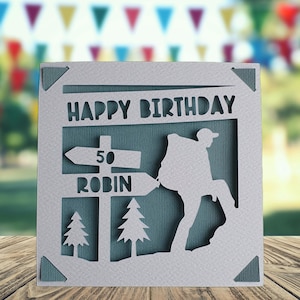 Hiking Happy Birthday Personalised Papercut Card, Happy Birthday Card for Him Her, Hill Mountain Walking Birthday Card, Walker Birthday Card