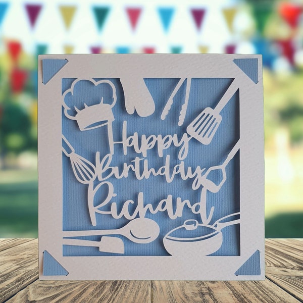 Chef Happy Birthday Carte papercut personnalisée, Carte de joyeux anniversaire pour lui, Carte d’anniversaire de cuisinier, Carte d’anniversaire pour chef et gourmets