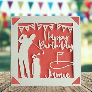 Golf Happy Birthday Personalised Papercut Card, Happy Birthday Card for Him Her, Golfing Birthday Card, Birthday Card for Golfer Red