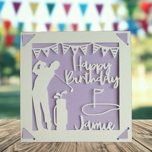 Golf Happy Birthday Personalised Papercut Card, Happy Birthday Card for Him Her, Golfing Birthday Card, Birthday Card for Golfer Purple