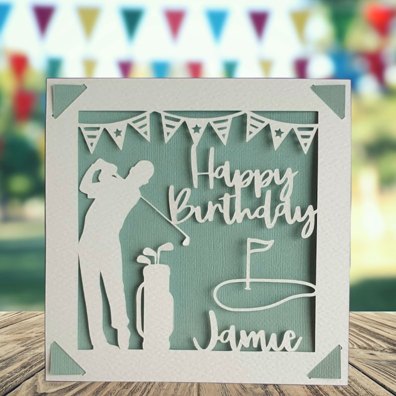 Golf Happy Birthday Personalised Papercut Card, Happy Birthday Card for Him Her, Golfing Birthday Card, Birthday Card for Golfer Teal