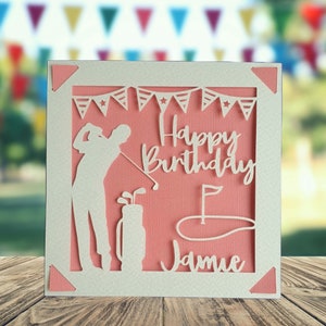 Golf Happy Birthday Personalised Papercut Card, Happy Birthday Card for Him Her, Golfing Birthday Card, Birthday Card for Golfer Pink