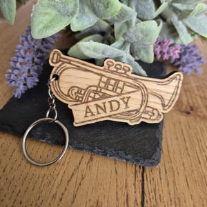 Brass Band Cornet Keyring, Personalised Trumpet Keyring, Personalised Engraved Music Keyring, Gift for Him Her, Wooden Keyring for Musician