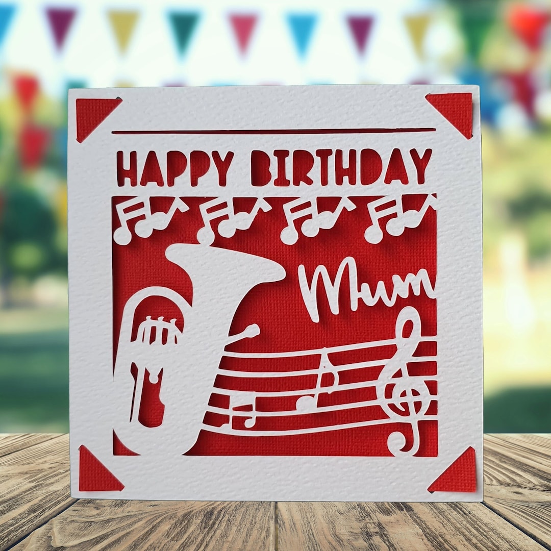Brass Band Horn Happy Birthday Personalised Papercut Card, Euphonium