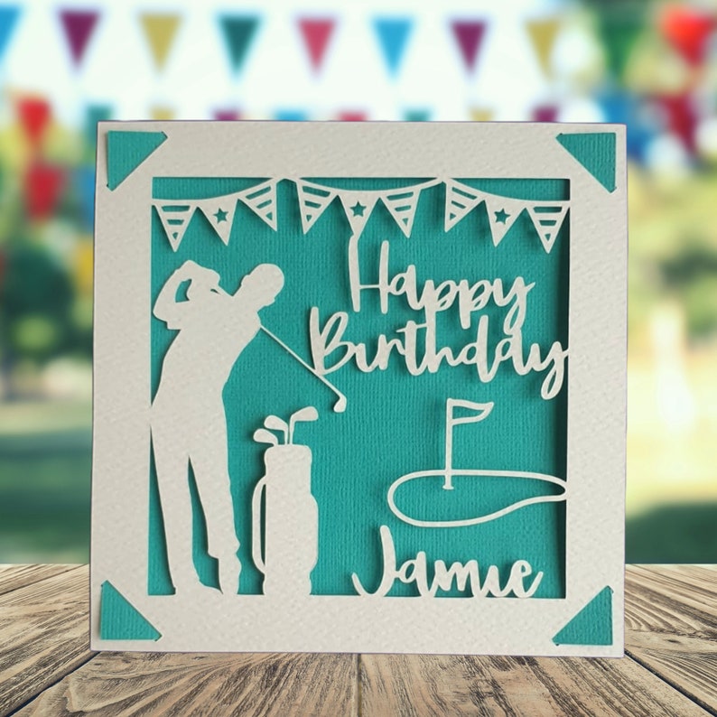 Golf Happy Birthday Personalised Papercut Card, Happy Birthday Card for Him Her, Golfing Birthday Card, Birthday Card for Golfer Turquoise