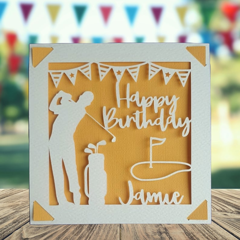 Golf Happy Birthday Personalised Papercut Card, Happy Birthday Card for Him Her, Golfing Birthday Card, Birthday Card for Golfer Orange