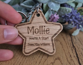 Personalised Wooden Star Keyring: End of School Year Pupil Gift
