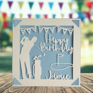 Golf Happy Birthday Personalised Papercut Card, Happy Birthday Card for Him Her, Golfing Birthday Card, Birthday Card for Golfer Blue