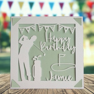 Golf Happy Birthday Personalised Papercut Card, Happy Birthday Card for Him Her, Golfing Birthday Card, Birthday Card for Golfer Light Green