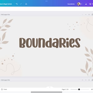 May include: A presentation slide with the word "Boundaries" in brown text on a light gray background. The slide has a simple design with brown leaves and small brown dots on the left and right sides.