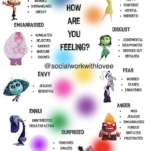 Pode incluir: Um infográfico colorido com personagens do filme Divertida Mente representando emoções. O texto pergunta "Como você está se sentindo?" e lista sentimentos como ansiedade, alegria e raiva, com palavras associadas. A imagem inclui o identificador de mídia social @socialworkwithlovee.
