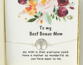 Bonus Mom Family Tree Bracelet, Gift for Stepmom, Step mom Family Tree Bracelet Sterling Silver, SM