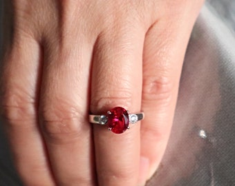 Ruby Birthstone Ring Sterling Silver, Ruby Engagement Ring Silver, July Birthstone Ring
