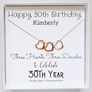 Cadeau 30e anniversaire pour elle, collier 30 ans, collier 30e anniversaire collier 3 coeurs flottants argent sterling or rose, BD