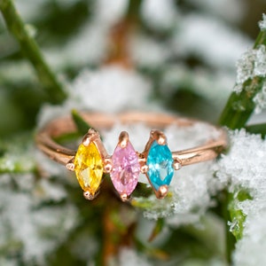 Family Birthstone ring 3 stone rose gold, Marquise Birthstone Ring, Multi-Stone Birthstone Rings