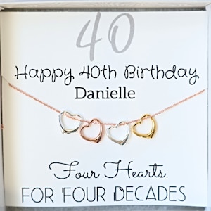 Collar para 40 cumpleaños: Cuatro corazones de plata de ley, oro y oro rosa