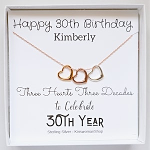 Personalized 30th Birthday Gift for Women, 30th Birthday Necklace for Her 3 Floating Hearts Necklace Gold Sterling Silver Rose Gold, BD