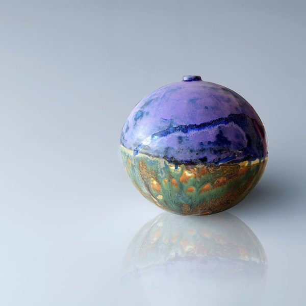 Purple and green glazed ceramic vase, Collectible art, Spherical pottery vase, Orb vase, Artisan ceramic vase, Limited edition of 1 piece