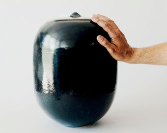 Large Wabi-sabi ceramic floor vase, Modern dark blue studio vase simple lines, Contemporary decorative Japanese vase, OOAK art pottery vase
