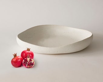 Extra large artistic fruit bowl for dining table, Modern white bowl 16 in, Minimalist decorative bowl