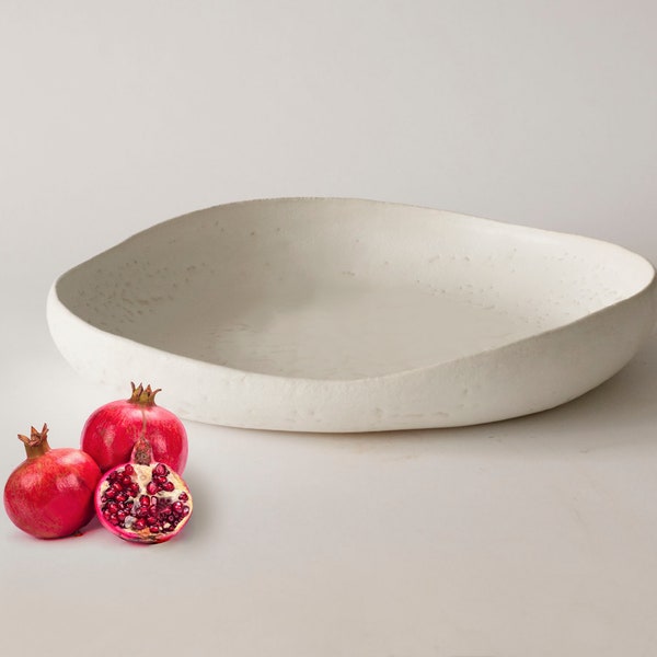 Extra large artistic fruit bowl for dining table, Modern white bowl 16 in, Minimalist decorative bowl