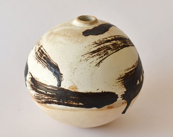 Black and white ceramic vase of spherical shape, Elegant artistic pottery vase hand painted, Modern paint pottery vase for modern decor