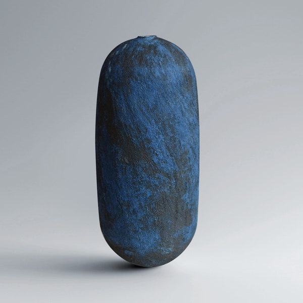 Extra große dunkelblaue Keramikvase, handgefertigte strukturierte Vase, moderne dekorative hohe schmale Halsvase, originales künstlerisches Werk einer Keramikvase
