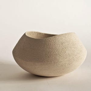 Handbuilt Stoneware Sculptural Bowl • Unglazed Sand Tone Ceramic Centerpiece •  Decorative Vase