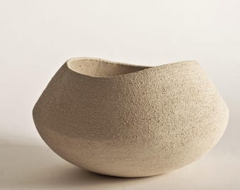 Handbuilt Stoneware Sculptural Bowl • Unglazed Sand Tone Ceramic Centerpiece •  Decorative Vase