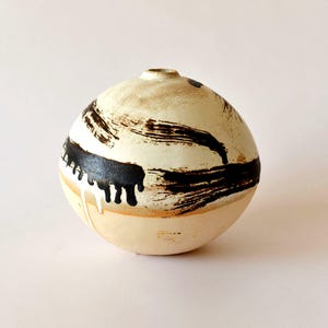 Black and white ceramic vase of spherical shape, Elegant artistic pottery vase hand painted, Modern paint pottery vase for modern decor