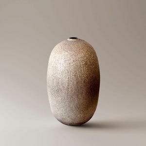 楕円形でベージュとブラウンの色調が美しい、質感のある彫刻的な花瓶。お部屋のアクセントに最適です。