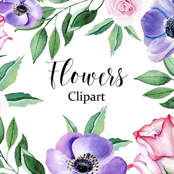 Flowers clipart, Watercolor clipart, Flowers, Logo flower, Set invitation, Business card, Biletto di invito, Logo floreale, Delicat flowers